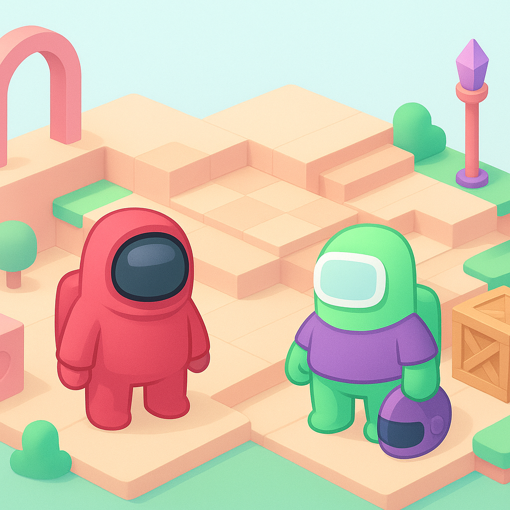 Level preview: pastel arena with players customizing avatars